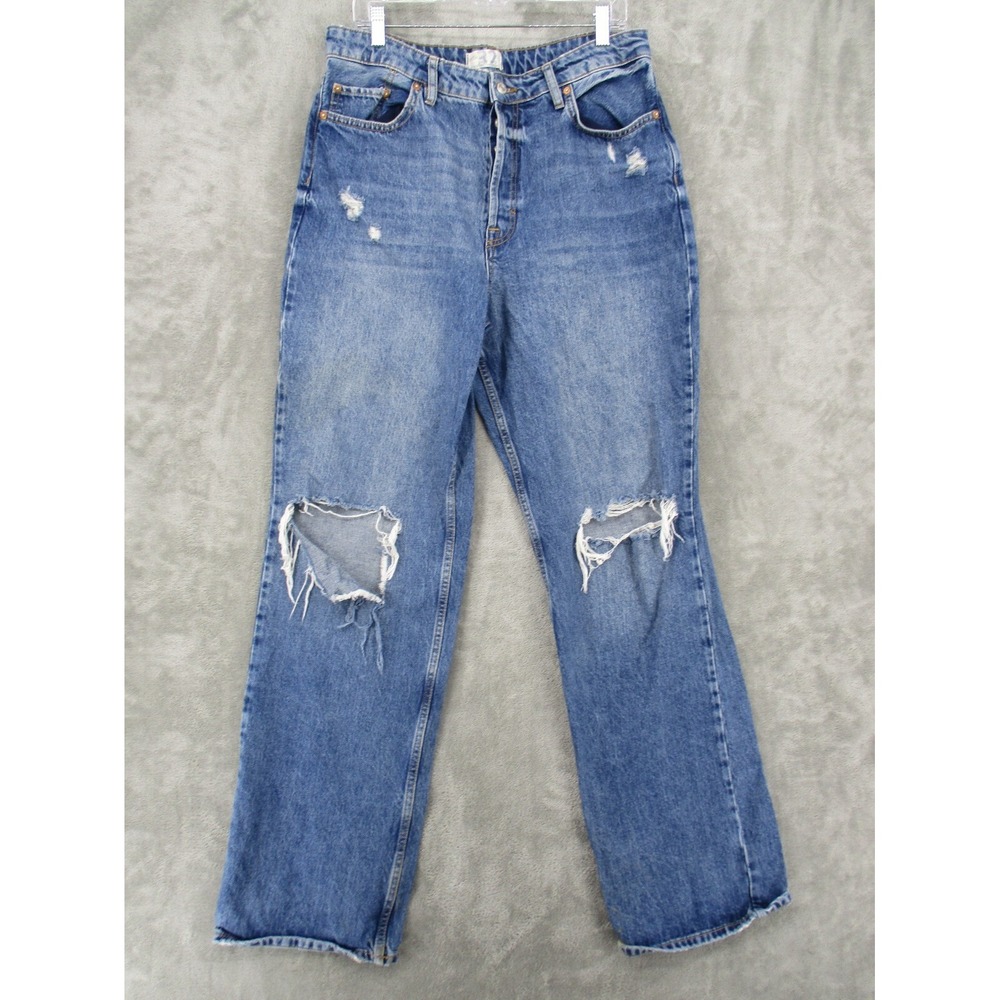Free People Jeans Womens Size 32 Blue Distressed High Waist Button Fly Wide Leg